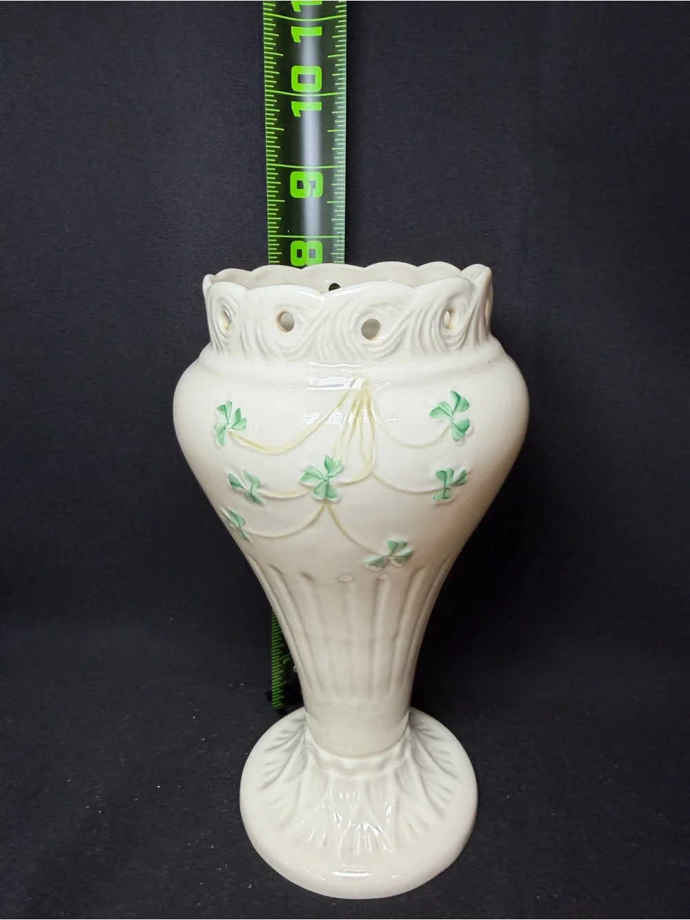 Belleek Shamrock Clover Scalloped Rim Footed Vase Ireland